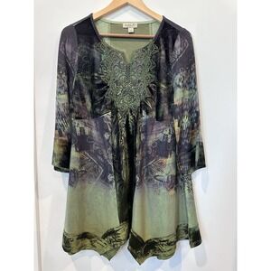One World Womens Small Green Lace Rhinestone 3/4 Sleeve Tunic Top